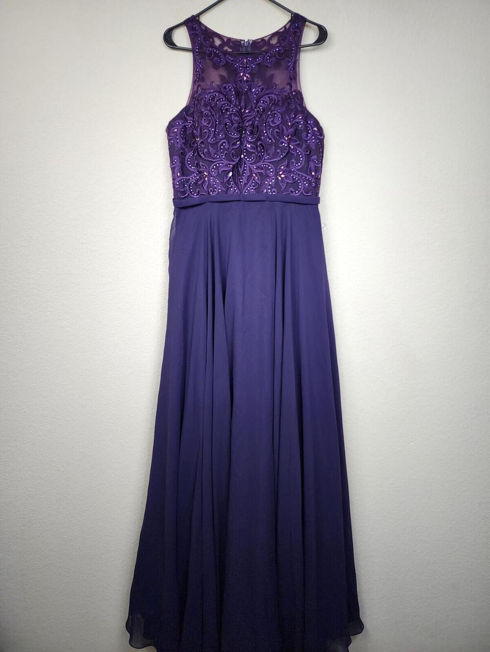 NWT $348 Clarisse 8025 Damask Eggplant Size 14 Maxi Dress